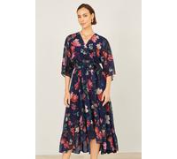 Yumi Women's Navy Floral Kimono Wrap Dress With Dip Hem | Size: 14