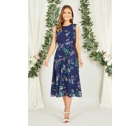 Yumi Navy Floral Print Midi Skater Dress, Round Neckline, Self-Tie Belt, 117.5 cm Length (UK, Numeric, 8, Regular, Regular, Navy)