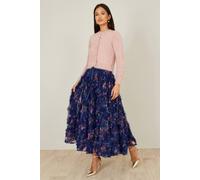 Yumi Women's Navy Floral Ruffle Mesh Midi Skirt | Size: 8 Yumi Navy 8