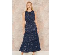 Yumi Women's Navy Foil Print Ruched Waist Midi Dress With Tie Notch Neckline | Size: 14
