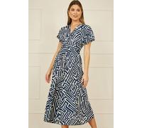 Yumi Women's Navy Geometric Print Ruched Waist Midi Dress With Kimono Sleeves | Size: 10