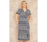Navy Ikat Print Midi Dress With Split Hem Yumi Navy 8