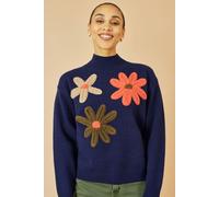 Navy Knitted High Neck Jumper With Applique Flowers Yumi Navy L