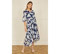 Yumi Women's Navy Mesh Bird & Floral Print Midi Dress With Ruffles | Size: 8 Yumi Navy 8