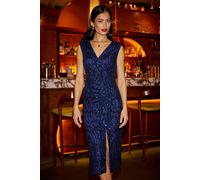 Yumi Women's Navy Sequin Fitted Wrap Dress With Split Hem | Size: 8 Yumi Navy 8