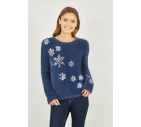 Yumi Women's Navy Sequin Snowflake Fluffy Jumper | Size: Large