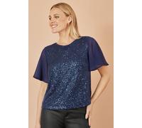 Yumi Women's Navy Sequin Top With Sheer Sleeves & Cut Out Back | Size: 18 Yumi Navy 18
