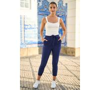Yumi Women's Navy Stretch Capri Pants Trousers With Tie Belt | Size: 12 Yumi Navy 12