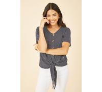 Yumi Women's Navy Striped Jersey Button Detail Top | Size: 8 Yumi Navy 8