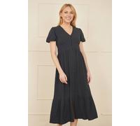 Yumi Navy Viscose Button Through Midi Dress (UK, Numeric, 14, Regular, Regular, Navy)