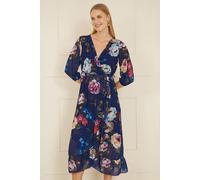 Navy Watercolour Dip Hem Midi Wrap Dress Yumi Navy 10