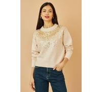 Yumi Women's Oatmeal Relaxed Knitted Jumper With Scattered Sequin Neckline in Cream | Size: Large Yumi Cream L