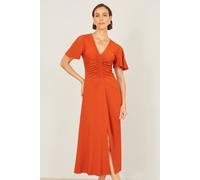 Yumi Women's Orange Ruched Front Stretch Midi Dress | Size: 8 Yumi Orange 8