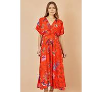 Yumi Women's Orange Viscose Bird & Floral Print Kimono Midi Dress | Size: 8