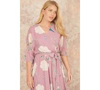 Yumi Women's Pink Bird & Floral Print Midi Wrap Dress | Size: 24