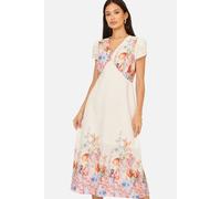 Yumi Women's Pink Border Floral Midi Dress in Cream | Size: 8 Yumi Cream 8