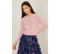 Yumi Women's Pink Eyelash Knit Cropped Cardigan Sweater | Size: Small