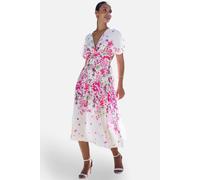 Yumi Women's Pink Mirror Floral Print Ruched Waist Kimono Midi Dress in Fuchsia | Size: 14 Yumi Fuchsia 14