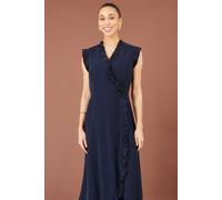 Yumi Women's Polka Dot Midi Wrap Frill Dress in Navy | Size: 10
