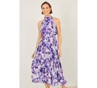 Yumi Women's Purple Abstract Floral Halter Neck Pleated Midi Dress | Size: 14
