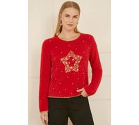 Yumi Women's Red Fluffy Star Christmas Jumper | Size: Small Yumi Red S
