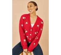 Yumi Women's Red Hand Embroidered Chunky Knitted Cardigan Sweater | Size: Large