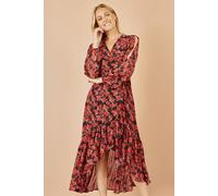 Yumi Women's Red Rose Print Dipped Hemline Midi Dress With Open Long Sleeves | Size: 16 Yumi Red 16