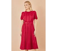 Yumi Women's Red Satin Striped Midi Dress With Pleats & Matching Belt | Size: 14