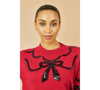 Yumi Women's Red Sequinned Bow Neckline Jumper | Size: Small Yumi Red S