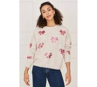 Yumi Women's Relaxed Jumper With Sequin Bows in Ivory | Size: Medium/Large