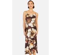 Yumi Women's Satin Cowl Neck Floral Dress in Dark Brown | Size: 12
