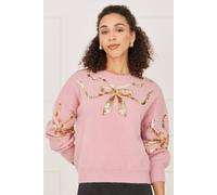 Yumi Women's Sequinned Bow Neckline Jumper in Dusty Pink | Size: Medium