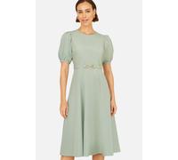 Yumi Women's Skater Dress With Puff Sleeves & Buckle Detail in Pale Green | Size: 14