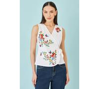 Yumi Women's Stretch Cotton Embroidered Wrap Top in White | Size: 14