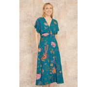 Yumi Women's Teal Bird & Floral Print Ruched Waist Kimono Midi Dress | Size: 10 Yumi Teal 10