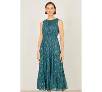 Yumi Women's Teal Foil Print Ruched Waist Midi Dress With Tie Notch Neckline | Size: 10