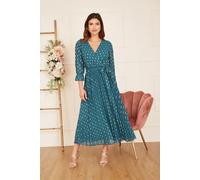 Yumi Women's Teal Foil Printed Pleated Wrap Midi Dress | Size: 8 Yumi Teal 8