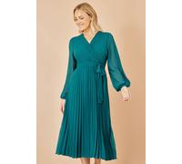 Yumi Women's Teal Pleated Wrap Midi Dress With Sheer Long Sleeves | Size: 12 Yumi Teal 12
