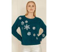 Yumi Women's Teal Sequin Snowflake Fluffy Jumper | Size: Small