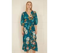 Yumi Women's Teal Watercolour Dip Hem Midi Wrap Dress | Size: 14 Yumi Teal 14