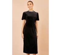Yumi Women's Velvet Embellised Neckline Midi Dress in Black | Size: 14