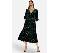 Yumi Women's Velvet Embroidered Midi Dress in Bottle Green | Size: 12