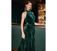 Yumi Women's Velvet Halter Midi Dress With Belt in Green | Size: 14