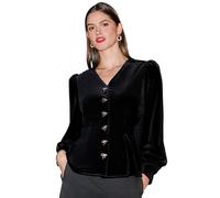 Yumi Women's Velvet Peplum Top With Bow Buttons in Black | Size: 16