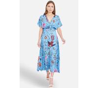 Yumi Women's Viscose Bird & Floral Print Midi Dress With Ruched Waist in Bright Blue | Size: 14 Yumi Bright Blue 14