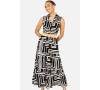 Yumi Women's Viscose Geo Print Midi Shirt Dress With Matching Belt in Black | Size: 14 Yumi Black 14