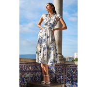 Yumi Women's White Abstract Floral Midi Shirt Dress in Ivory | Size: 8 Yumi Ivory 8