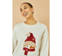 Yumi Women's White Christmas Jumper With Applique Snowman | Size: Medium/Large Yumi White M/L