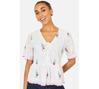 Yumi Women's White Cotton Broderie Anglaise Embroidered Tie Top in Cool White | Size: 12