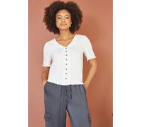 Yumi Women's White Cotton Button Detail T-Shirt | Size: 14 Yumi White 14